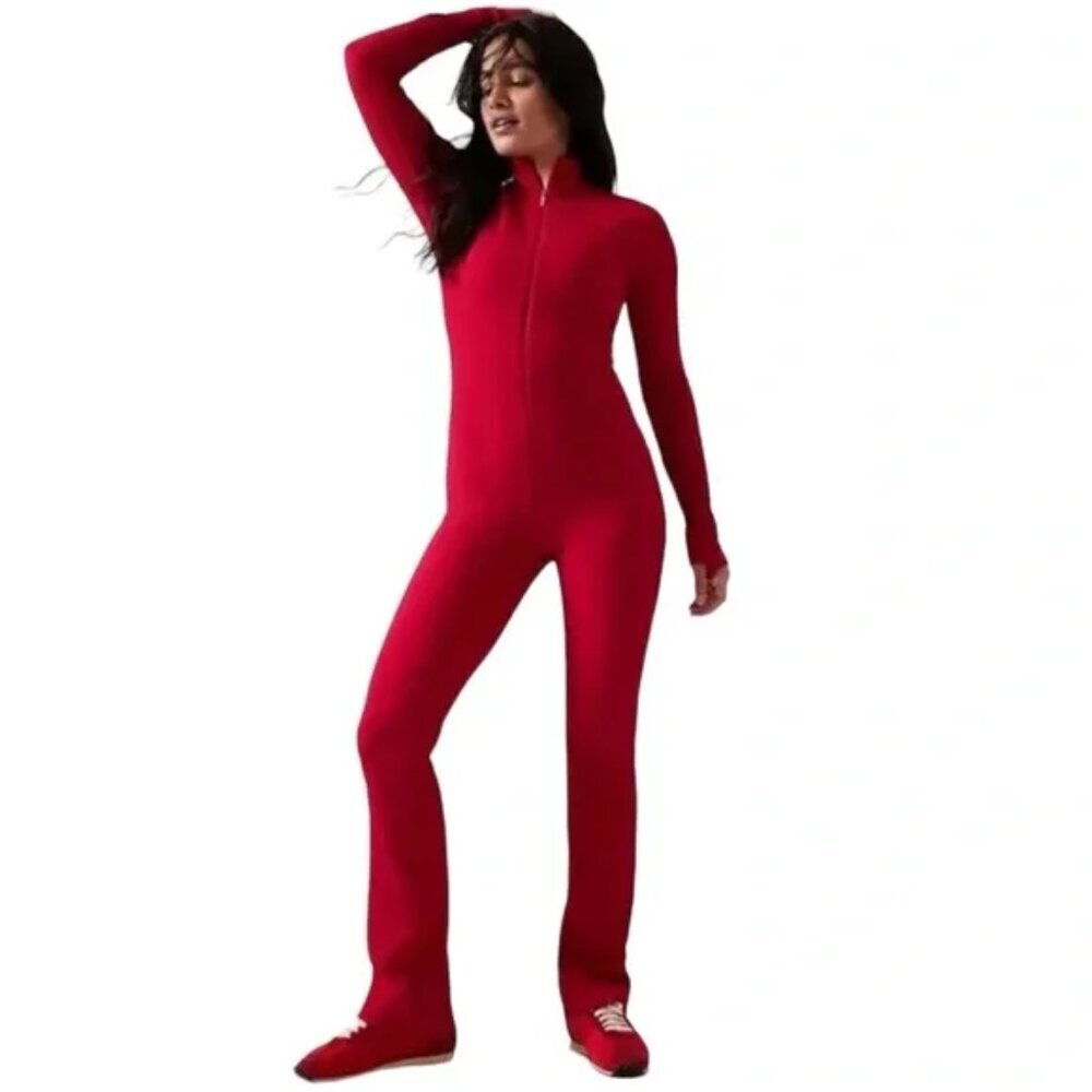 Athleta Γ ALICIA KEYS Goddess Bodysuit Jumpsuit Size Medium Athletic Ribbed Red